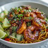 Vibrant lime wedges and fresh cilantro garnish a steaming bowl of 15-minute Asian noodle bowl with grilled shrimp.  