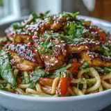 A steaming bowl of Sesame Chicken Noodle Bowl garnished with fresh cilantro and lime wedges for brightness.