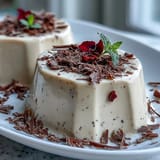 Silky Hojicha Panna Cotta in a glass, topped with whipped cream and a sprinkle of roasted nuts.