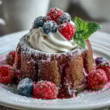 A single Hojicha White Chocolate Lava Cake sliced open to reveal the creamy white chocolate ganache filling, dusted with powdered sugar.