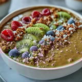 Spoon into a vibrant Hojicha Smoothie Bowl with sliced bananas, chia seeds, and crunchy granola on a rustic table.