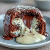 Steam rises from a warm Hojicha Lava Cake, exposing a gooey roasted green tea ganache oozing onto the dish.