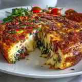 Fluffy baked frittata loaded with ham, Swiss cheese, and fresh spinach, ideal for brunch or meal prep.  