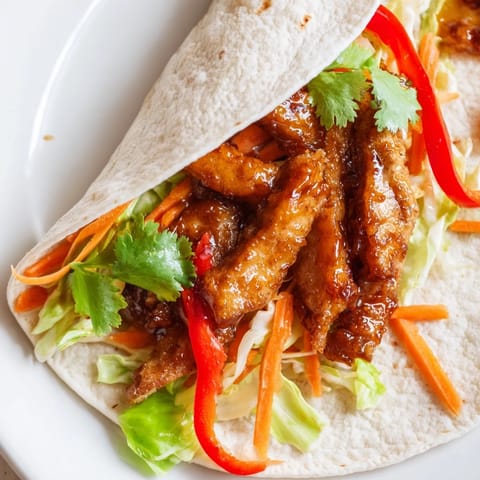 Golden, sticky honey sriracha chicken strips sizzling in a skillet, ready to be loaded into a fresh wrap for dinner tonight.
