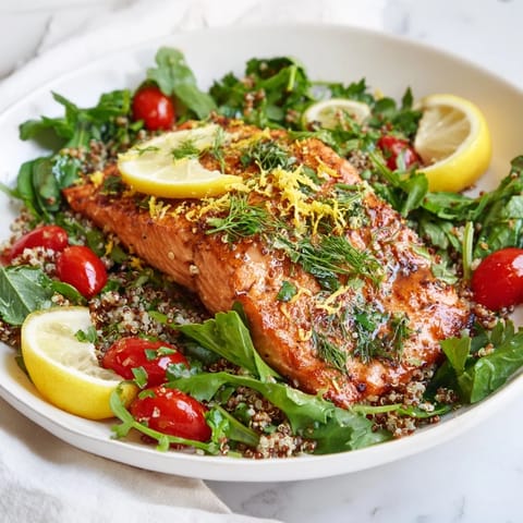 Fresh herbs and cherry tomatoes add color to the lemon herb salmon salad beside a warm, flaky salmon fillet.