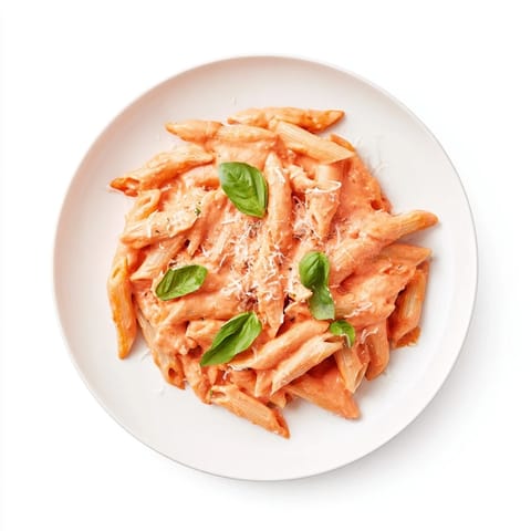 Steaming Roasted Red Pepper Pasta served in a white bowl, with vibrant red pepper sauce, grated Parmesan, and a glass of white wine nearby.