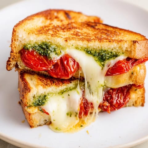 Golden roasted tomato slices and melted mozzarella and cheddar cheese nestled between buttery sourdough bread, spread with fresh basil pesto.