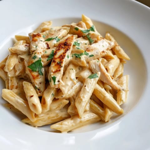 Honey chipotle chicken pasta served warm, with tender penne and juicy chicken slices smothered in a vibrant, smoky red-orange sauce.  