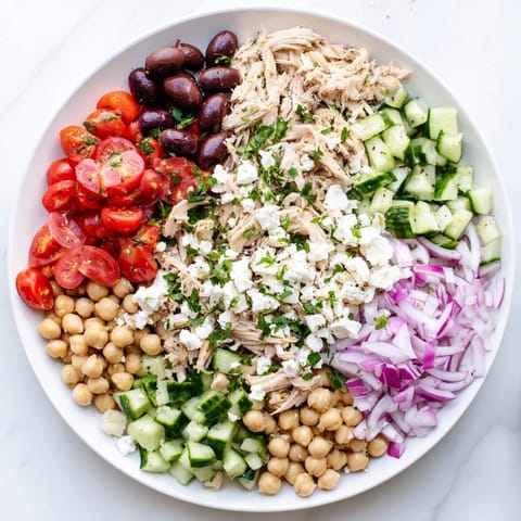 Fresh Mediterranean Chickpea Chicken Salad with juicy diced chicken, creamy feta, crisp cucumbers, and Kalamata olives tossed in zesty lemon-oregano dressing, served in a rustic white bowl.