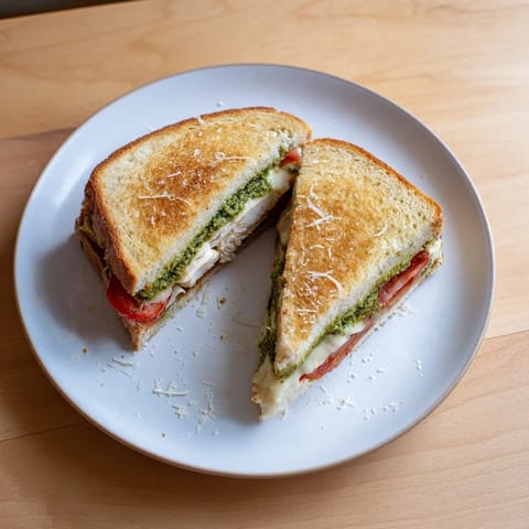 Freshly grilled Mozzarella Pesto Chicken Grilled Cheese with golden crust, vibrant green pesto, and oozing cheese on a rustic plate.  