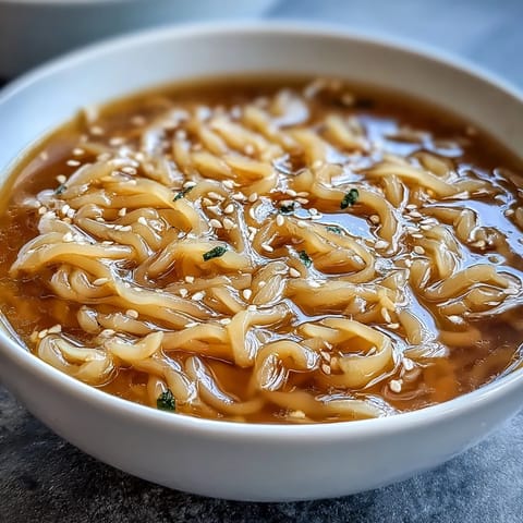 A steaming bowl of shirataki noodles in a rich bone broth garnished with soft-boiled egg and fresh herbs.