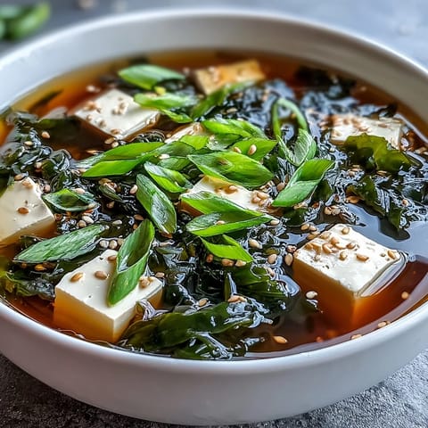 A steaming bowl of homemade wakame soup featuring tender seaweed, silken tofu cubes, and scallions in a clear dashi broth.