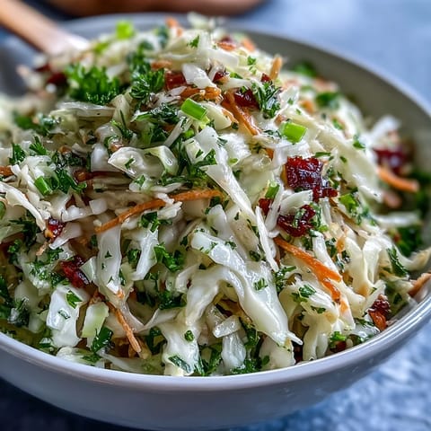 Freshly tossed Sauerkraut Slaw with fermented cabbage, crisp carrots, and red bell peppers in a light vinaigrette.