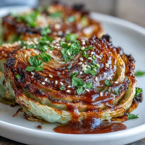 Velvety tahini drizzled over tender, caramelized roasted cabbage steaks ready to serve.