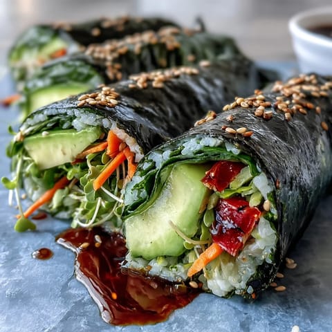 Vibrant vegetable nori rolls, showcasing fresh ingredients, perfect for a light, healthy meal.