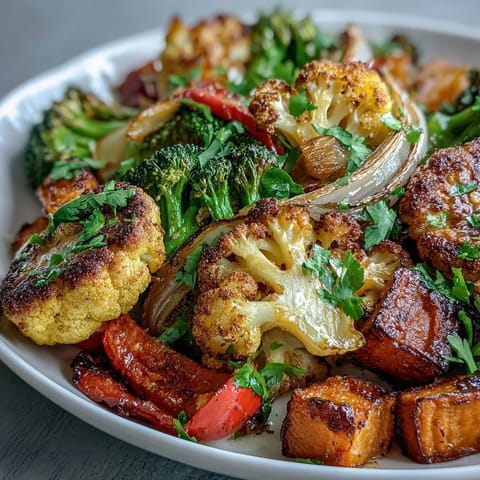 A close-up of Anti-Inflammatory Turmeric Roasted Vegetables, drizzled with lemon juice and garnished with fresh cilantro, ready to serve.  