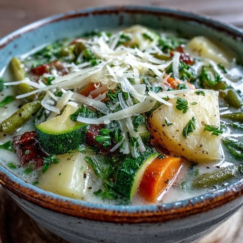 Steam rising from a hearty bowl of Parmesan Veggie Soup served alongside crusty artisan bread.