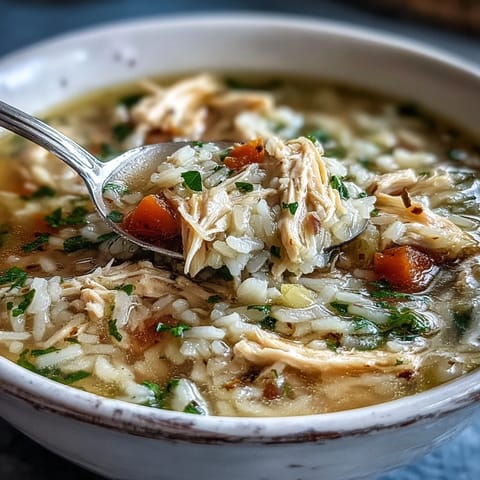 Serving suggestion for Cozy Winter Chicken and Rice Soup alongside crusty artisan bread for dipping on a cold evening.