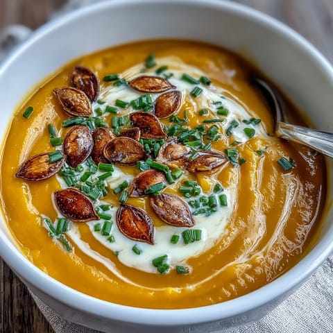 Two roasted acorn squash halves filled with savory soup, placed on a rustic wooden table with a ladle resting beside them.