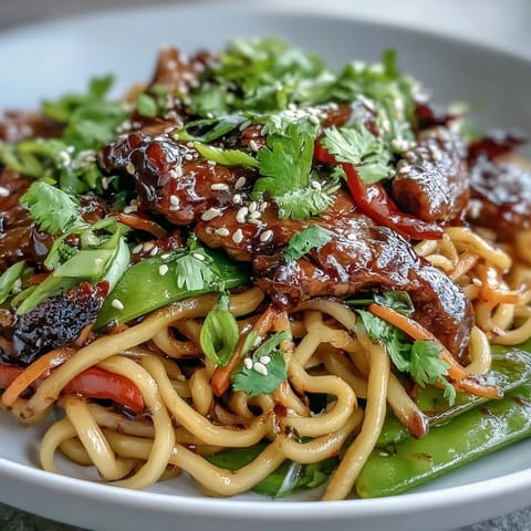 Tender marinated pork and crisp vegetables like sugar snap peas are tossed with rice noodles and a savory sauce, creating a quick and satisfying weeknight Asian inspired stir-fry for four servings.