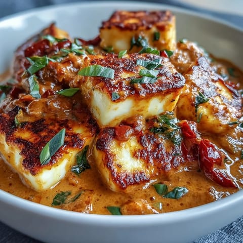 Sizzling, pan-fried halloumi added to a velvety tomato coconut curry with red bell peppers, spices, and cilantro.