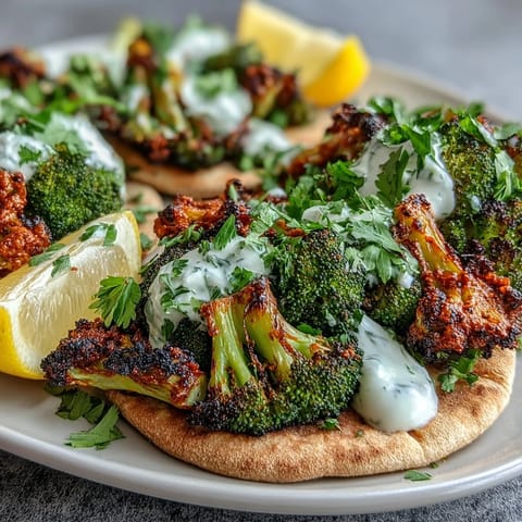 Harissa Broccoli and Flatbreads showcased with charred edges, lemon wedges, and creamy dollops of Greek yogurt.