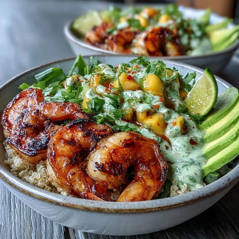 Bright bowls of smoky shrimp, ripe avocado slices, and juicy mango salsa with tangy lime chili drizzle.