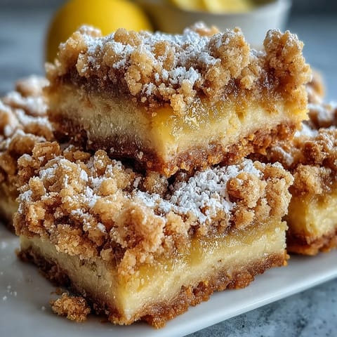A close-up reveals the zesty lemon filling and buttery crumb topping of a sliced Homemade Lemon Crumb Bar.