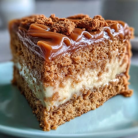 A slice of Decadent Baked Biscoff Cake reveals crunchy biscuit pieces inside, topped with silky smooth Lotus frosting.