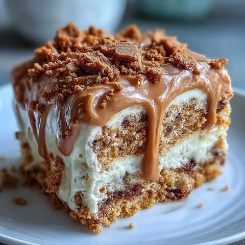 Freshly baked Decadent Baked Biscoff Cake with Creamy Lotus Frosting sits on a rustic wooden table, showcasing a moist crumb.