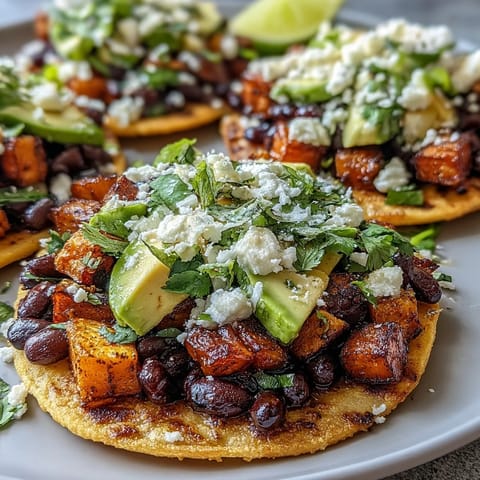 Black Bean and Sweet Potato Tostadas are plated for a colorful, vegetarian lunch.
