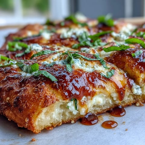 Slices of Hot Honey Ricotta Pizza topped with fresh basil leaves, served warm on a rustic wooden board, perfect for dinner.