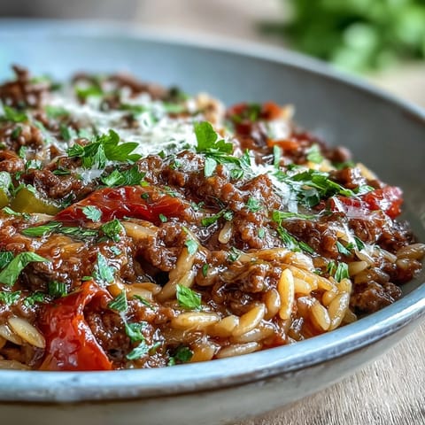 Spoon lifting a serving of Comforting Ground Beef Orzo Dinner showing tender orzo, bell peppers, and peas.