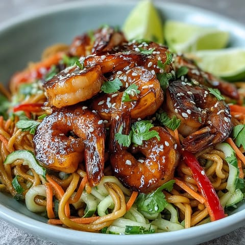 Grilled shrimp rest atop glossy sesame noodles, with bright julienned carrots and cucumbers in this quick Asian noodle bowl.  