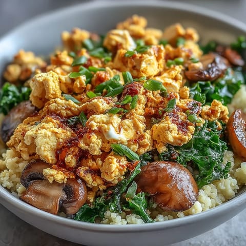 A vibrant bowl of scrambled tofu breakfast bowl topped with sautéed kale and earthy mushrooms, served over fluffy whole wheat couscous.