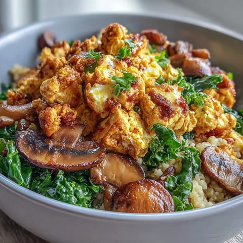 This easy vegan breakfast bowl features golden scrambled tofu, garlicky mushrooms, and kale, garnished with fresh parsley and a bright lemon wedge.