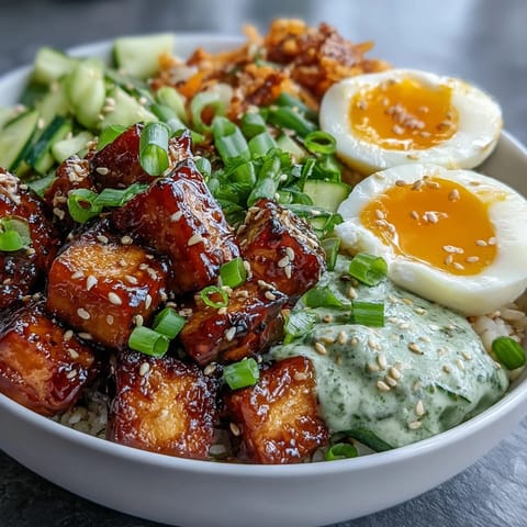 A close-up of the Tofu Jammy Egg Breakfast Bowl shows golden tofu cubes, halved jammy eggs with orange yolks, and vibrant greens over steamed rice.