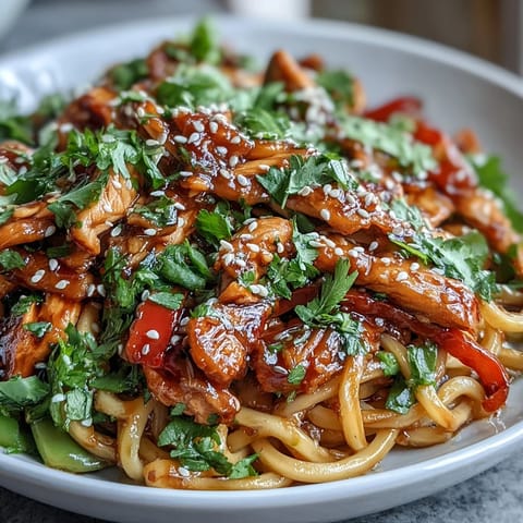 A close-up of a colorful Sesame Chicken Noodle Bowl with tender chicken, crisp peppers, and toasted sesame seeds.
