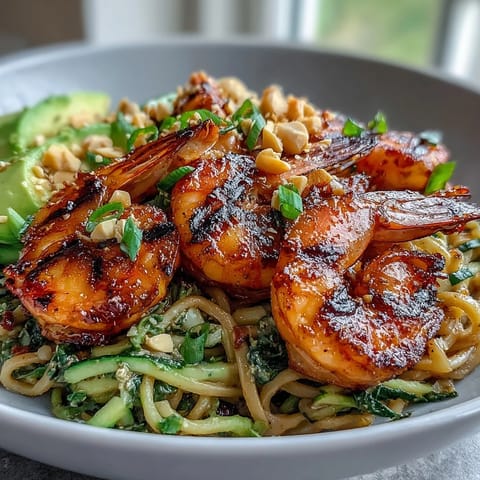 Smoky grilled shrimp rest on sesame-infused egg noodles in this Grilled Shrimp Asian Noodle Bowl, topped with crisp cucumber and creamy avocado.