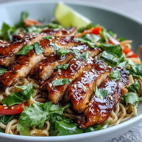 Tender sliced chicken, crisp veggies, and rice noodles are artfully arranged in a bowl, ready for a savory-sweet sauce drizzle.