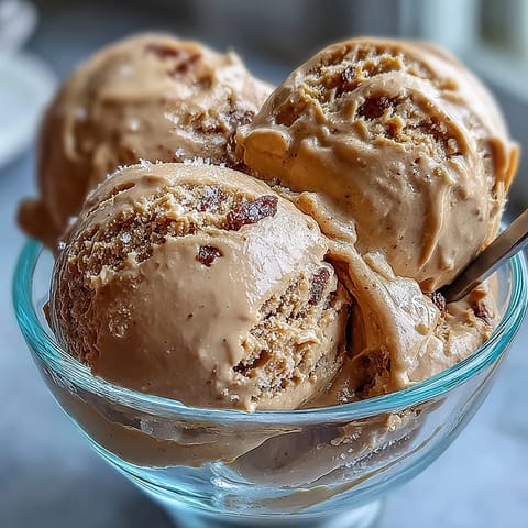 Creamy Hojicha Ice Cream in a ceramic bowl topped with toasted sesame seeds, showcasing its rich, roasted green tea hue.