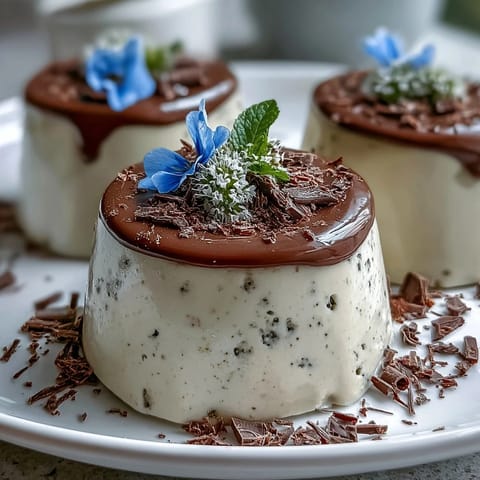 Hojicha Panna Cotta is unmolded onto a plate, garnished with shaved chocolate and edible flowers.