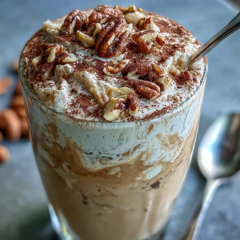 Creamy Hojicha milkshake with whipped cream and roasted nut topping, served in a chilled glass.