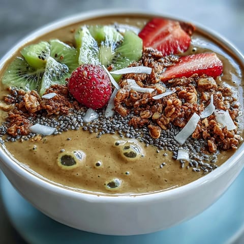 A thick and creamy Hojicha Smoothie Bowl topped with granola, fresh berries, and kiwi slices for a nourishing breakfast.