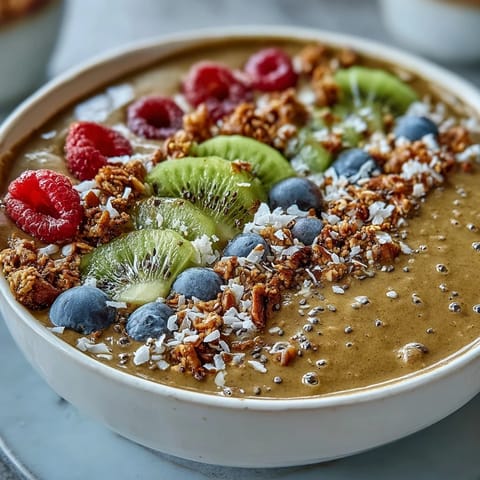 Spoon into a vibrant Hojicha Smoothie Bowl with sliced bananas, chia seeds, and crunchy granola on a rustic table.