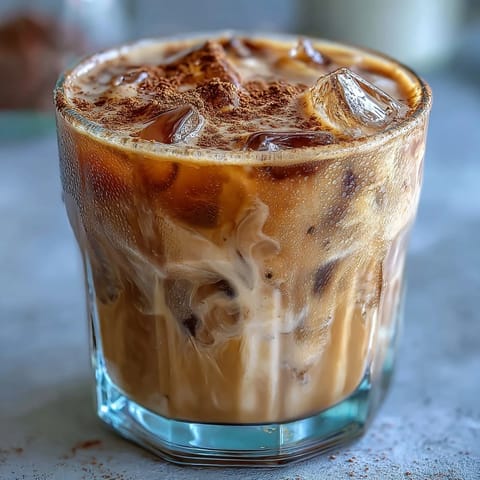 Iced Hojicha with Cinnamon served over ice in a clear glass with a light cinnamon dusting on top, ready to drink.