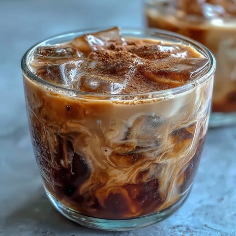 A creamy homemade Iced Hojicha with Cinnamon, garnished with a sprinkle of ground spice for a cozy fusion flavor.