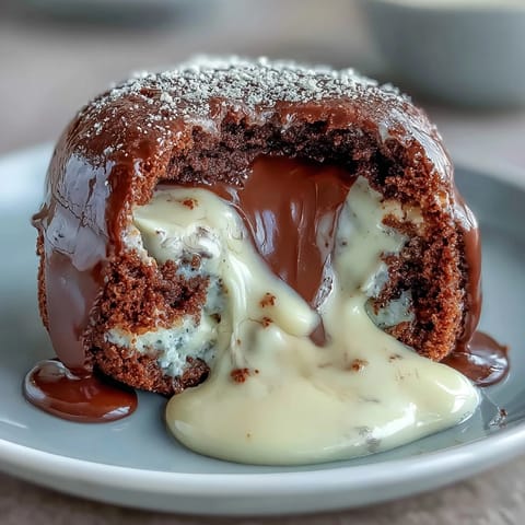 Steam rises from a warm Hojicha Lava Cake, exposing a gooey roasted green tea ganache oozing onto the dish.