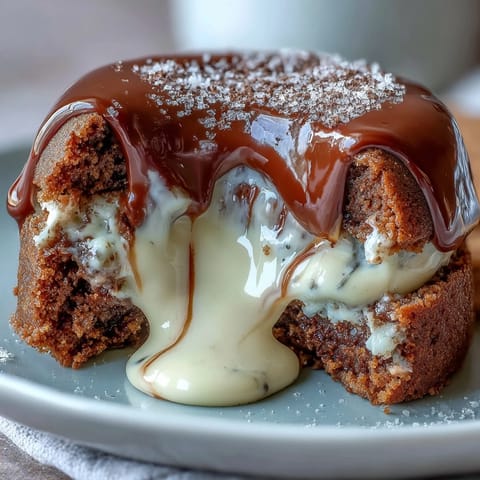 Freshly baked Hojicha Lava Cake with a dark roasted tea glaze on a ceramic plate, cut open to reveal a rich molten center.