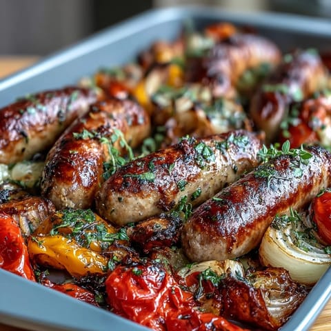 A colorful sheet pan dinner with sizzling sausages and sweet roasted bell peppers, ready in under 40 minutes for a hearty family meal.